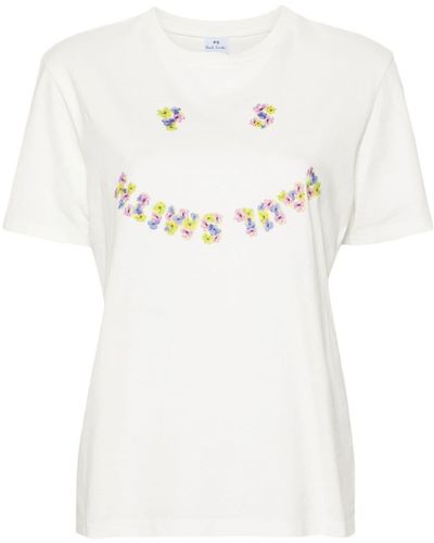 PS by Paul Smith Floral Happy-print Cotton T-shirt - White