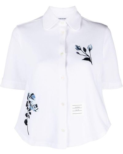 Thom Browne Floral-embroidered Piqué Shirt - White