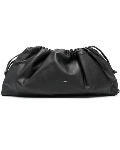 STUDIO AMELIA Drawstring Leather Shoulder Bag - Black