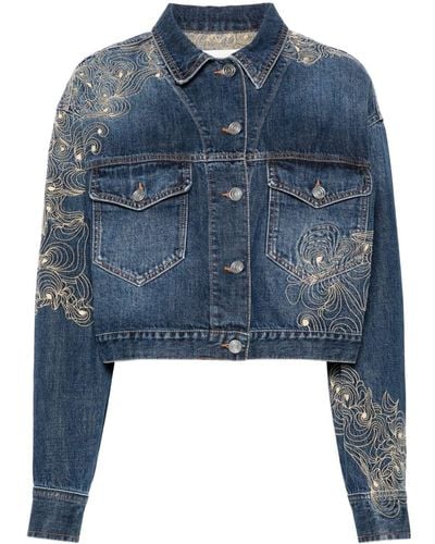 Isabel Marant Embroidered Cropped Denim Jacket - Blue