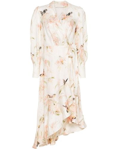 Zimmermann Floral Print Linen Wrap Midi Dress - Natural