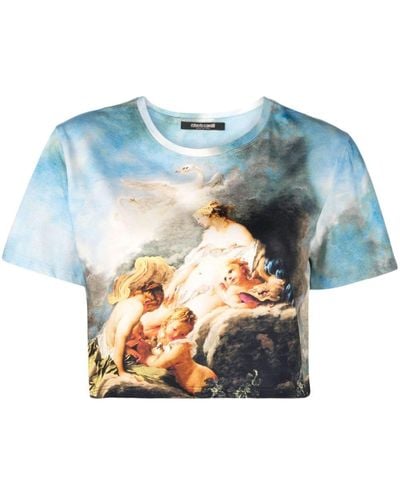 Roberto Cavalli T-shirt crop à imprimé graphique - Bleu