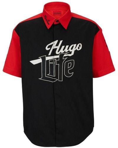 HUGO Life-print Cotton Shirt - Black
