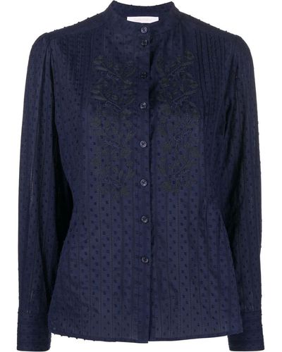 See By Chloé Floral-embroidered Collarless Blouse - Blue