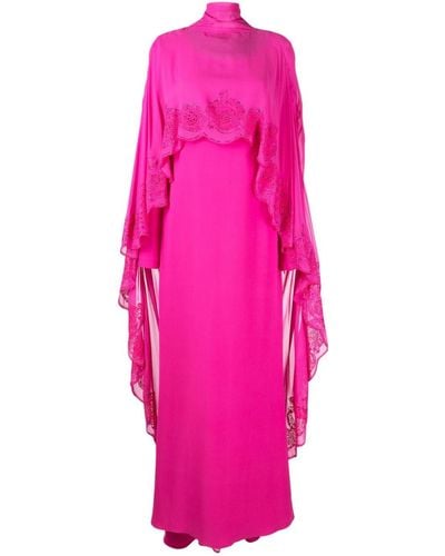 Versace Greca Rhinestone-embellishment Cape Silk Dress - Pink
