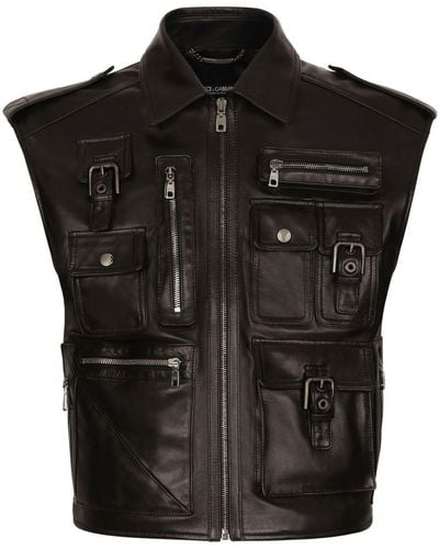 Dolce & Gabbana Bullhide Leather Cargo Gilet - Black