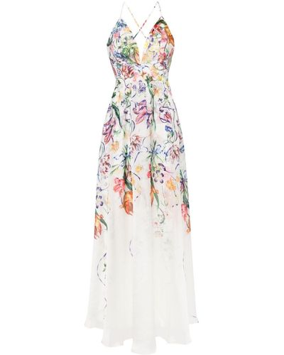 Marchesa Ribbons フローラル イブニングドレス - ホワイト