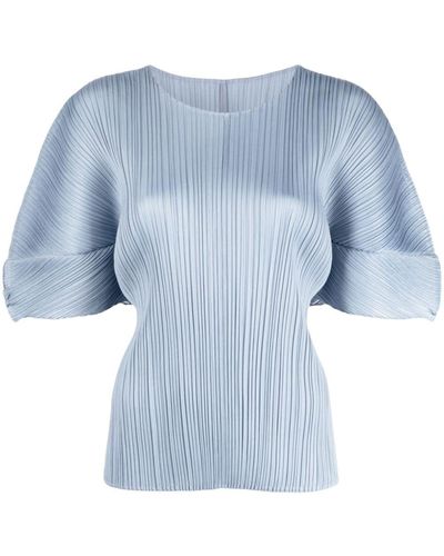 Pleats Please Issey Miyake プリーツ サテンブラウス - ブルー