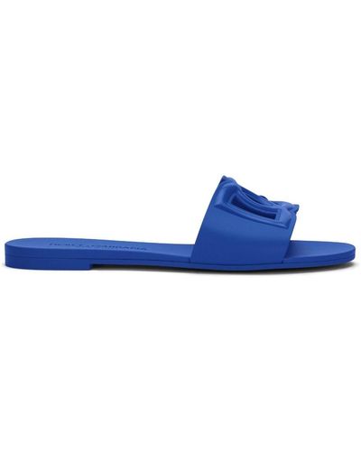 Dolce & Gabbana Leather Sliders With Logo - Blue