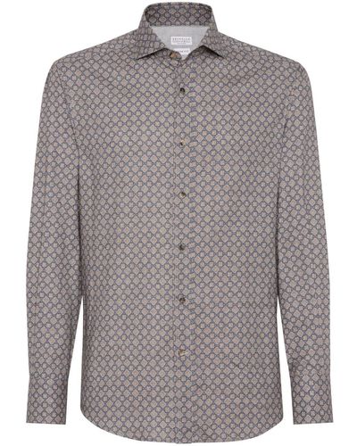 Brunello Cucinelli Geometric-pattern Cotton Shirt - Grey