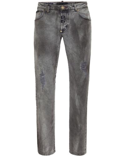 Philipp Plein Distressed Low-rise Straight-leg Jeans - Grey