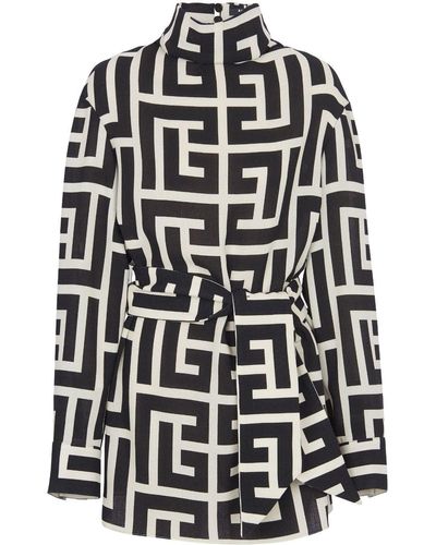 Balmain Belted Monogram Jacquard Blouse - Black