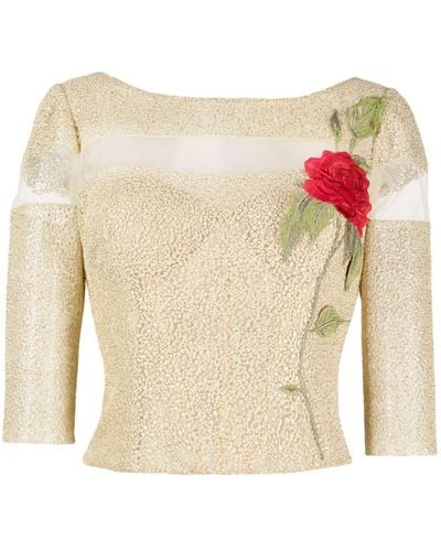 Gemy Maalouf Rose-embroidered Jacquard Tulle Top - White