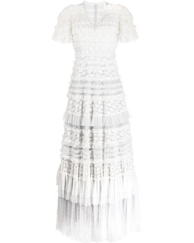Needle & Thread Tulle-panels V-neck Dress - White