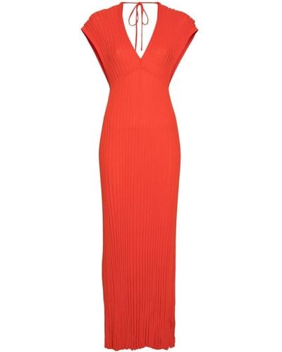 Gestuz V-neck Ribbed Maxi Dress - Red