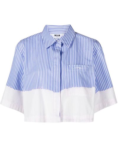 MSGM Striped Cropped Cotton Shirt - Blue