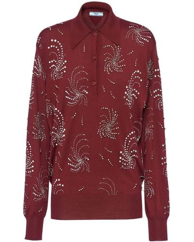 Prada Crystal-embellished Cashmere Polo Shirt - Red