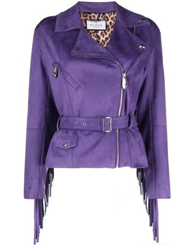 Philipp Plein Fringed Studded Faux-leather Biker Jacket - Purple