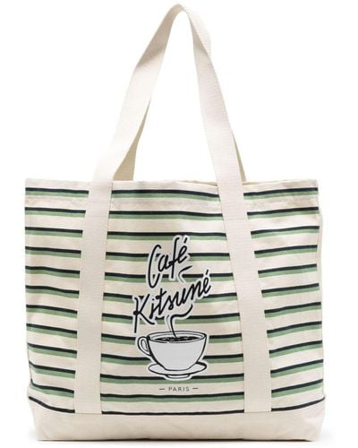Café Kitsuné Coffee Cup-print Striped Tote Bag - White