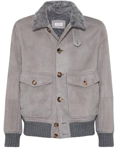Brunello Cucinelli Shearling-collar Suede Jacket - Grey