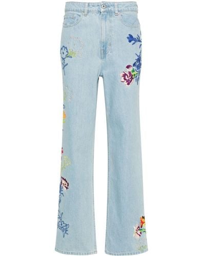 KENZO Sumire Drawn Flowers Wide-leg Jeans - Blue