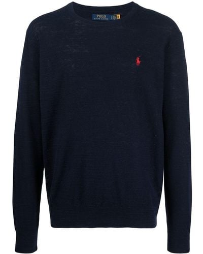 Polo Ralph Lauren Cotton And Linen Blend Jumper With Embroidered Logo - Blue