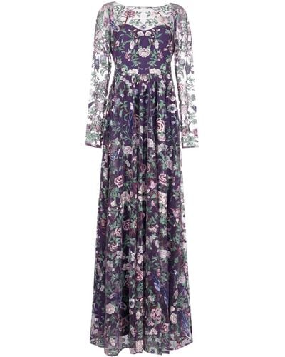 Marchesa Botanical-embroidery Sheer-overlay Gown - Purple