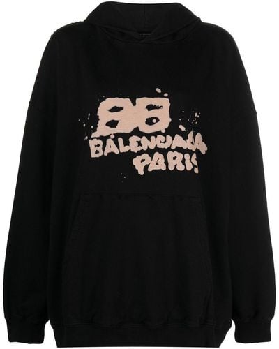 Balenciaga Branded-print Cotton Hoody - Black