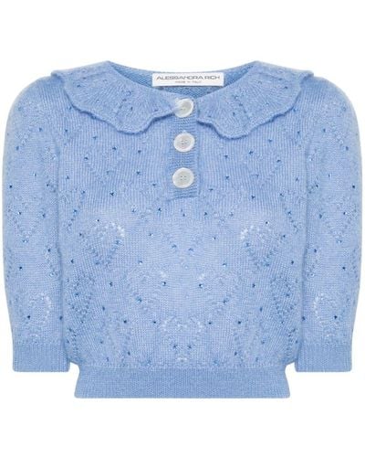 Alessandra Rich Crystal-embellished Pointelle-knit Top - Blue