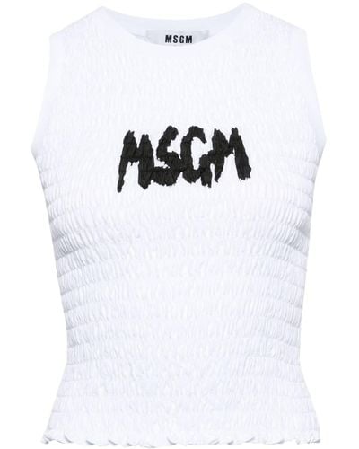 MSGM Logo-print Smocked Cotton Top - White