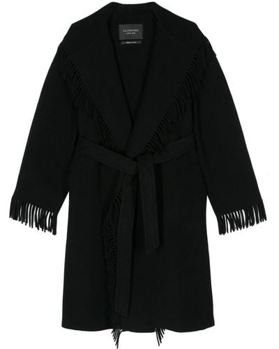 Balenciaga Fringed-Edge Wool Coat - Black