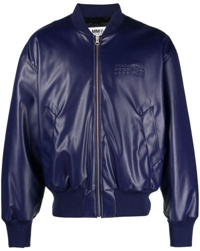 MM6 by Maison Martin Margiela Numbers-embroidered Faux-leather Bomber Jacket - Blue