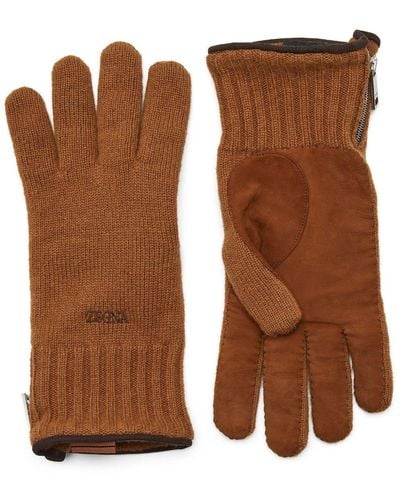 Zegna Oasi Cashmere Logo-embroidered Gloves - Brown