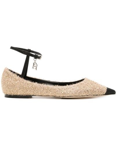 Elisabetta Franchi Frayed Metallic-threading Ballerina Shoes - Natural