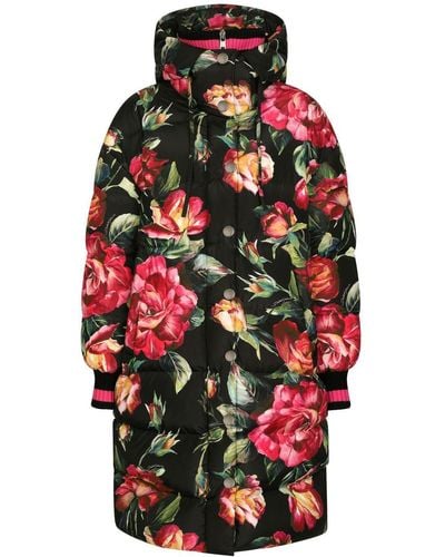 Dolce & Gabbana Long Nylon Down Jacket With Rose Print - Red