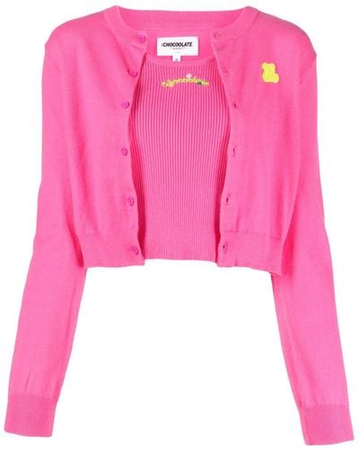 Chocoolate Logo-patch Knitted Cardigan (set Of Two) - Pink