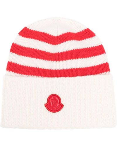 Moncler Striped Ribbed Wool Beanie - Red