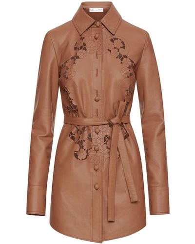 Oscar de la Renta Laser-cut Floral Leather Shirt Dress - Brown