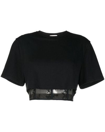 Alexander McQueen T-shirt crop à ourlet en dentelle - Noir