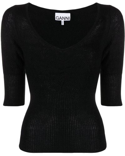 Ganni Ribbed-knit Merino Wool Top - Black
