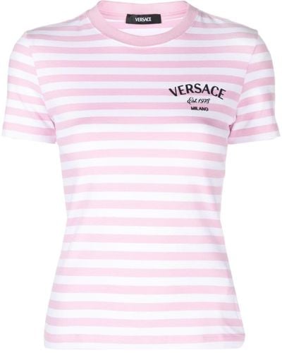 Versace Striped T-Shirt With Embroidery - Pink