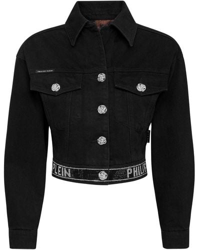 Philipp Plein Crystal Cropped Denim Jacket - Black