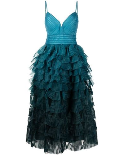 Marchesa Midi-jurk Met Ruches - Blauw