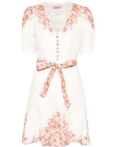 Twin Set Floral-print Linen Mini Dress - Natural