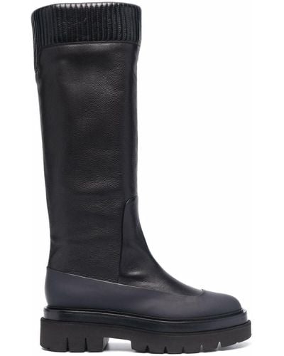 Santoni Ribbed Leather Knee-high Boots - Black