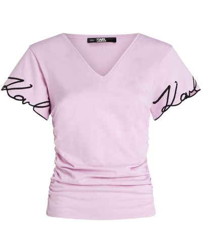 Karl Lagerfeld Signature Vネック Tシャツ - ピンク