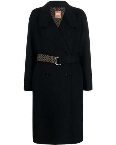 BOSS Monogram-jacquard Belt Wool-blend Coat - Black