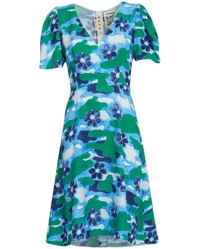 Marni Floral-print V-neck Dress - Blue