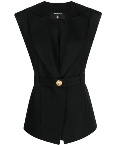 Balmain Gilet con cintura e bottone gioiello in lana nera - Nero