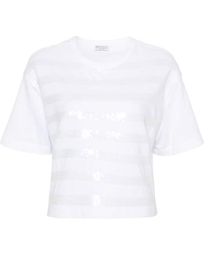 Brunello Cucinelli スパンコールストライプ Tシャツ - ホワイト